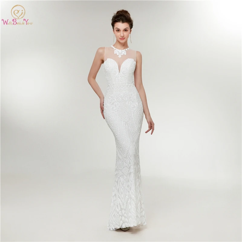 

White Plus Size Mermaid Formal Party Long Evening Dresses 2019 O Neck Sleeveless robe de soiree Sequined Gowns Walk Beside You