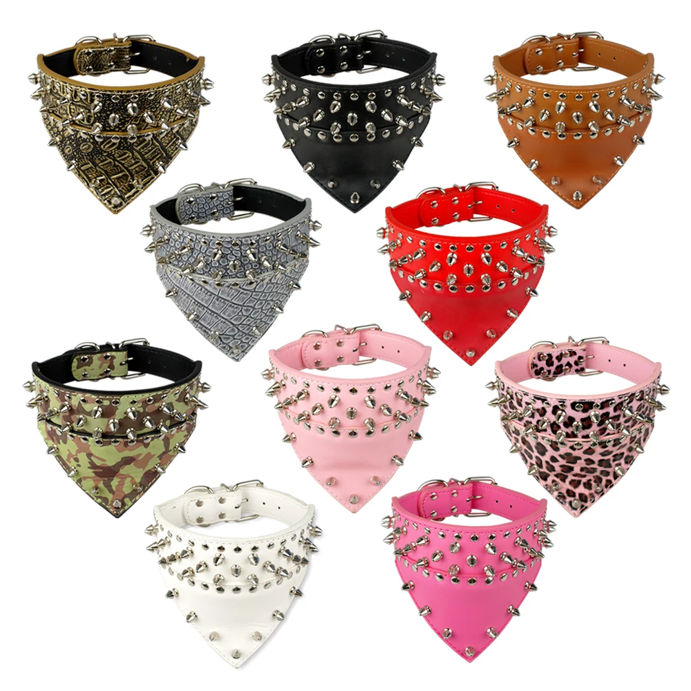 2" Wide Pet Dog Bandana Collars Leather Spiked Studded Pet Dog Collar