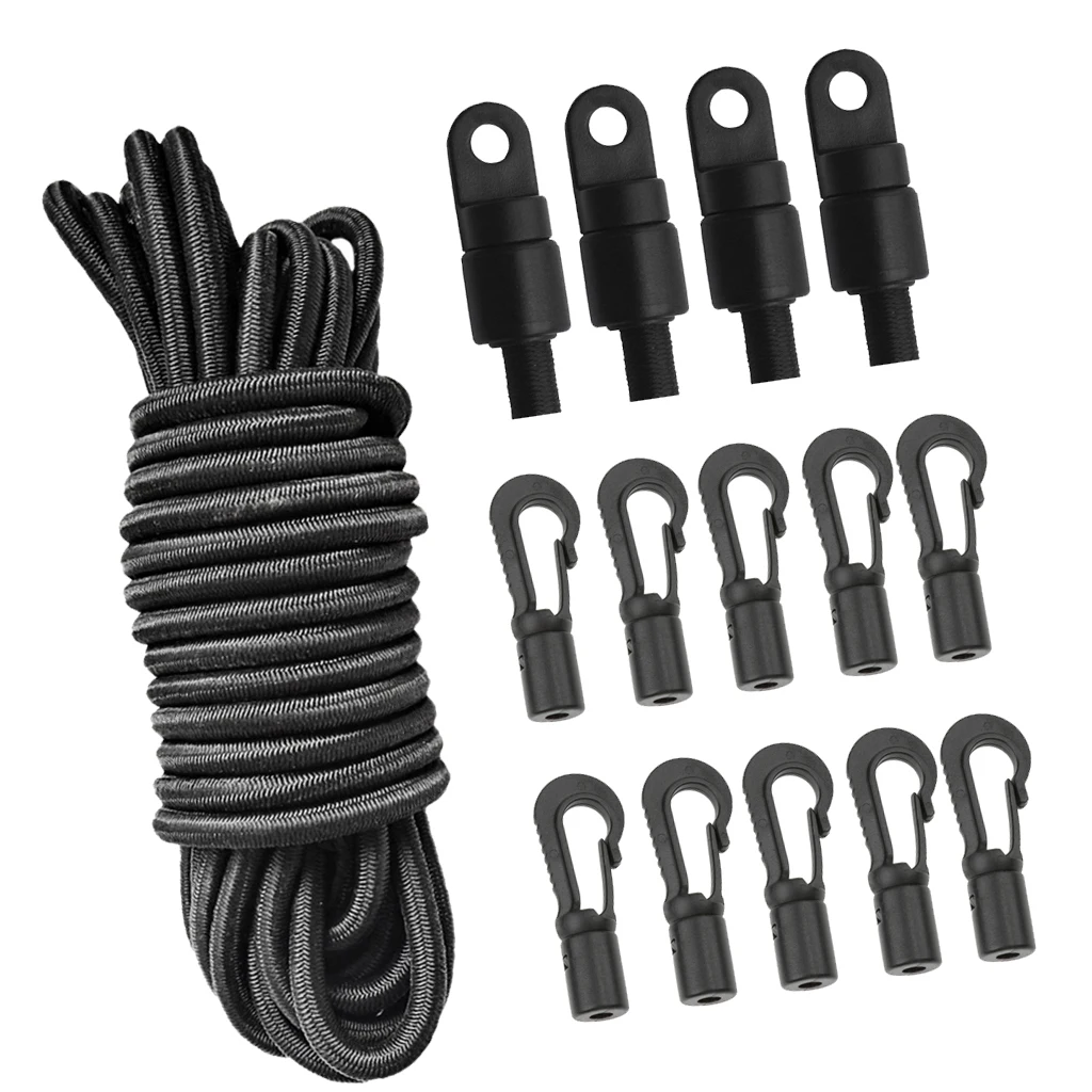1/4' 16.4' Heavy Duty Elastic Bungee Rope 4 Pieces Shock Cord End Stop 10 Pieces End Hook for Kayak Canoe Boats Accessories
