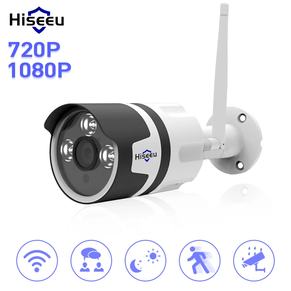 

Hiseeu Wifi Outdoor IP Camera 720P 1.0MP Waterproof Wireless Security Camera Metal Two Way Audio TF Card Record P2P Bullet
