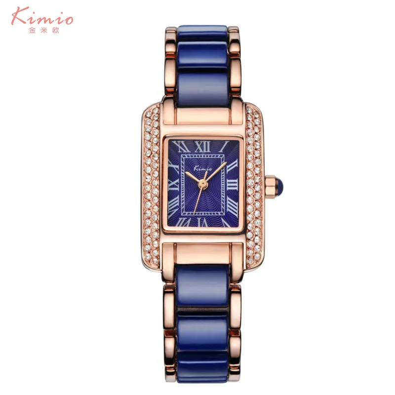 

Kimio Woman Roman Numerals Rhinestone watches Fashion Ladies Crystal Clock Black Ceramics Gold Luxury Waterproof Diamond Watch