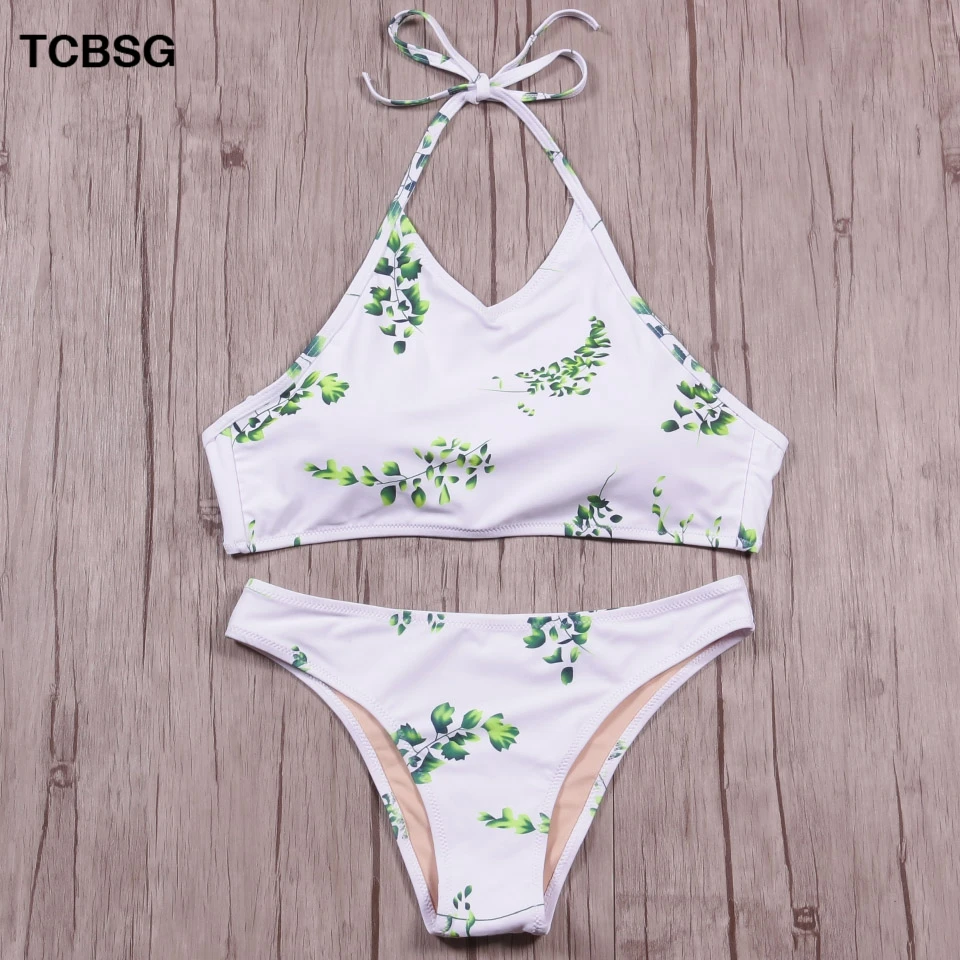

TCBSG Printed Floral Swimsuits Women Swimwear Two Pieces Bikini 2019 Summer Halter Top Vintage Tankini Bathing Suits Swim