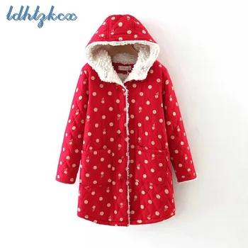 

LDHTZKCX Polka Dot Large Size Loose Hooded Cotton Coat Women 2018 Winter New Thick Warmth Slim Long Single Breasted Parkas CX463