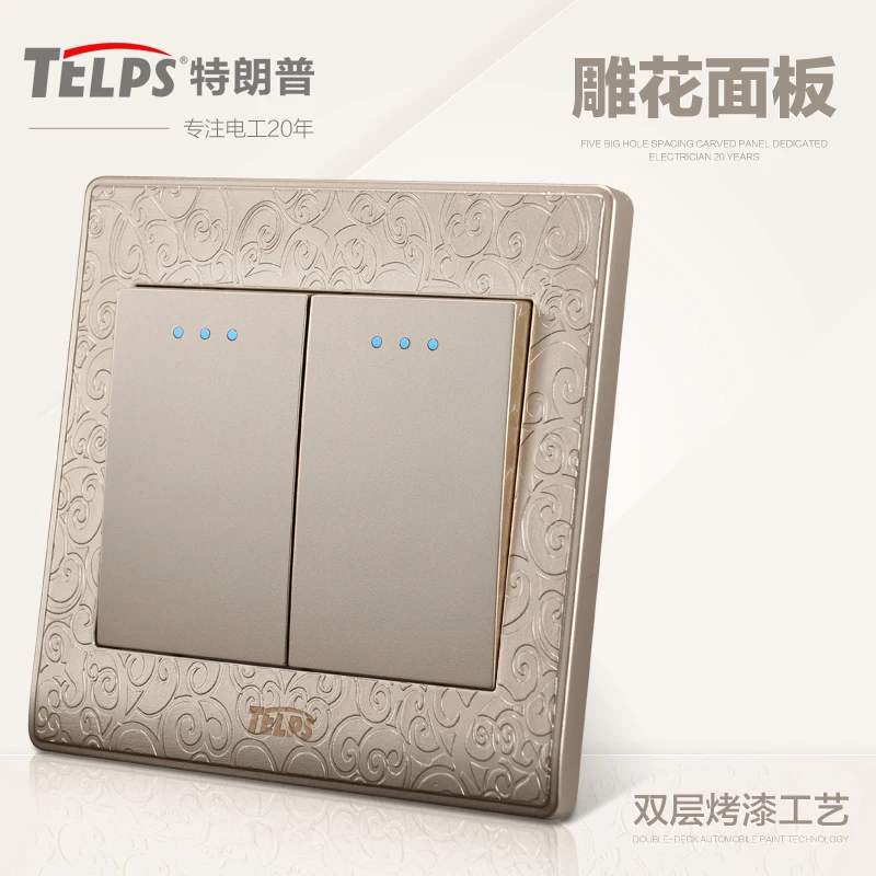 

Luxury Light wall switch 2 gangs 2 way on/off switch pressure switch, push button switch, Carved gold 86, Free Shipping