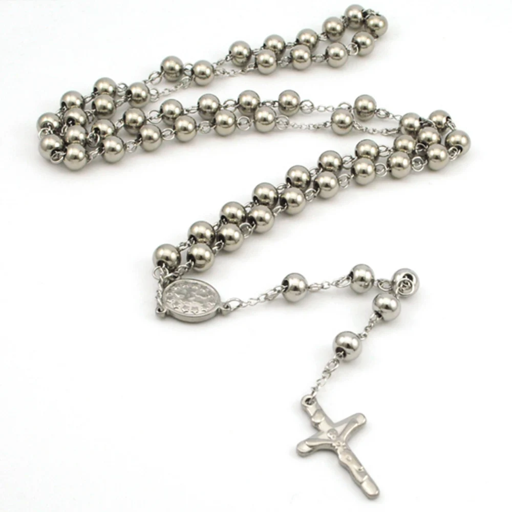 Classic Stainless Steel Necklace Cross Pendant Men 8MM Beads Rosary