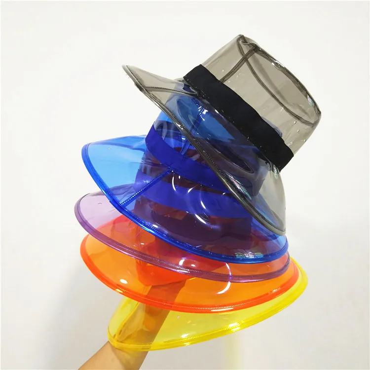

Solid Transparent Women's Buckets Hats Caps Girls Gorras Ladies PVC Beach Sun Visor Waterproof Rain Hat Plastic Wide Brim Caps