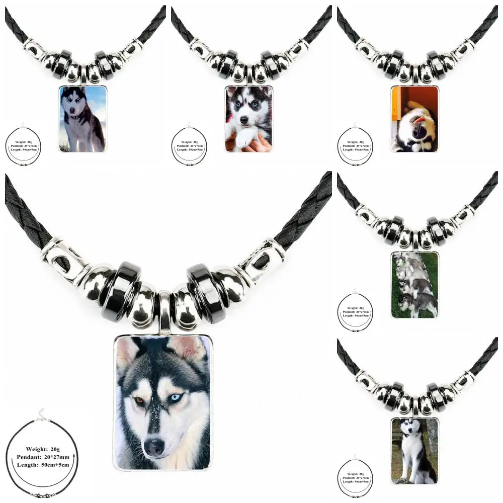 

EJ Glaze For Women Men Party Design Siberian Husky Dog Puppies Glass Cabochon Anime Jewelry Black Leather Bead Pendant Necklace