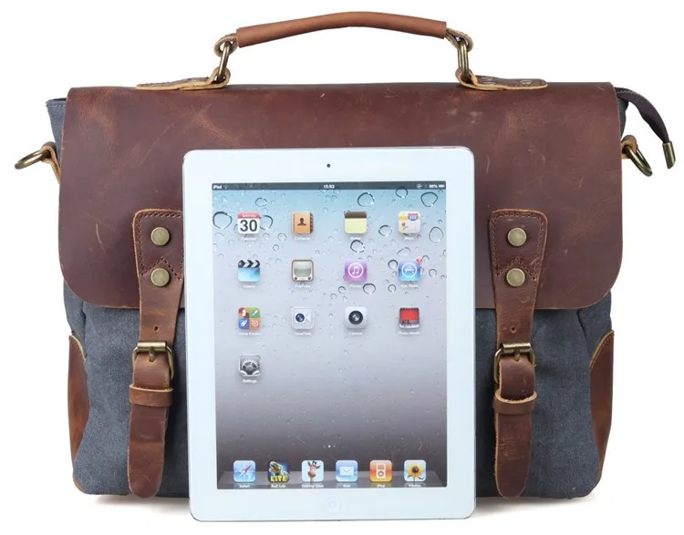 Vintage men's canvas messenger bag horse crazy leather man soft bags school bag man's lock military