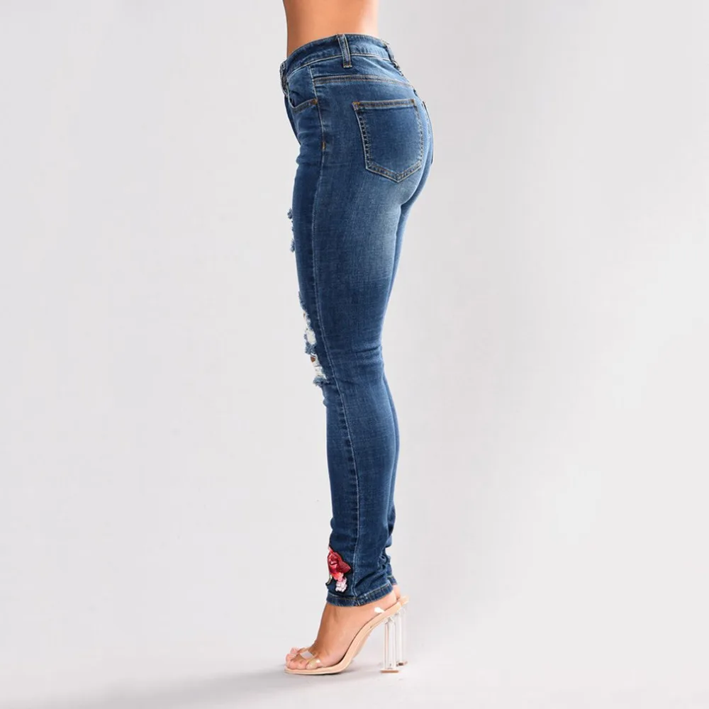 Новый плюс размеры Синий Высокая талия карандаш рваные Цветочные рваные джинсы женские стрейч узкие Винтаж Джинсовые штаны бойфренд