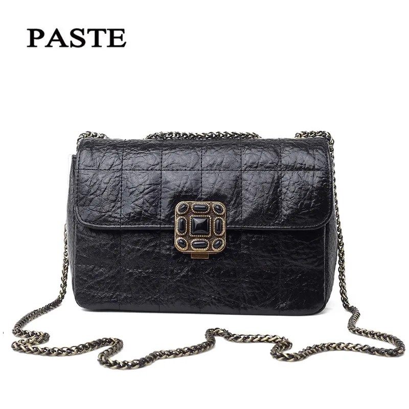 

2017 women's genuine leather handbag one shoulder small bags vintage plaid chain messenger bag cowhide luxury  bag