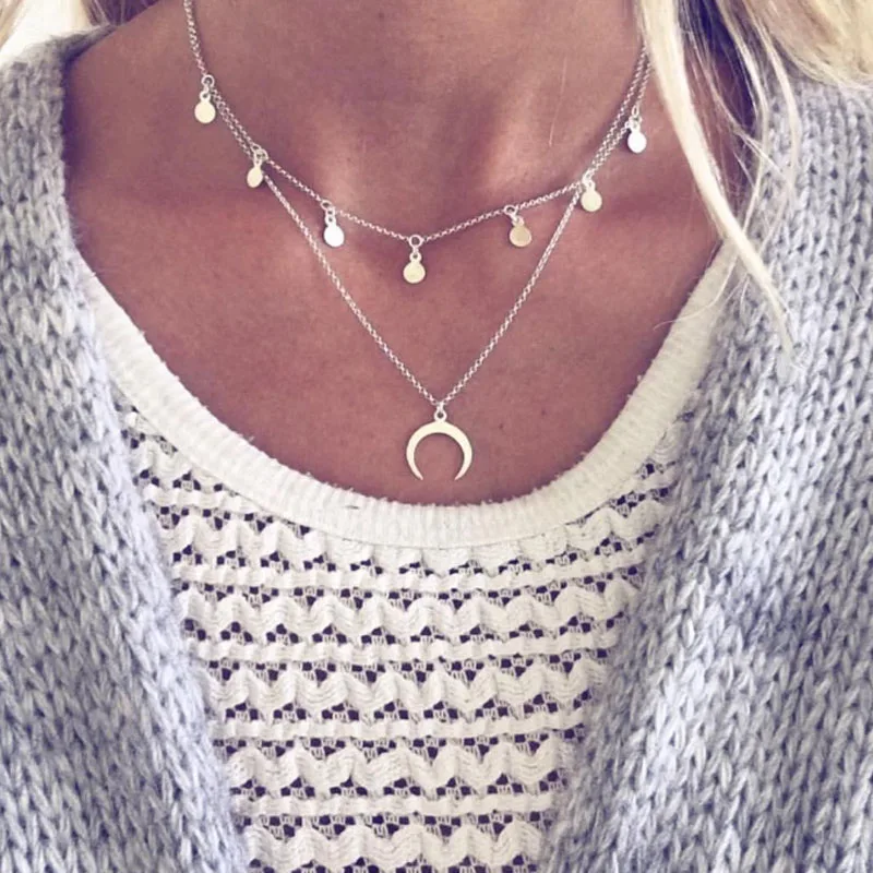 

Hot Moon Coin Chocker Boho Chain Multilayer Choker Necklace Exquisite Graceful Adjustable Pendant Necklaces For Woman Jewelry