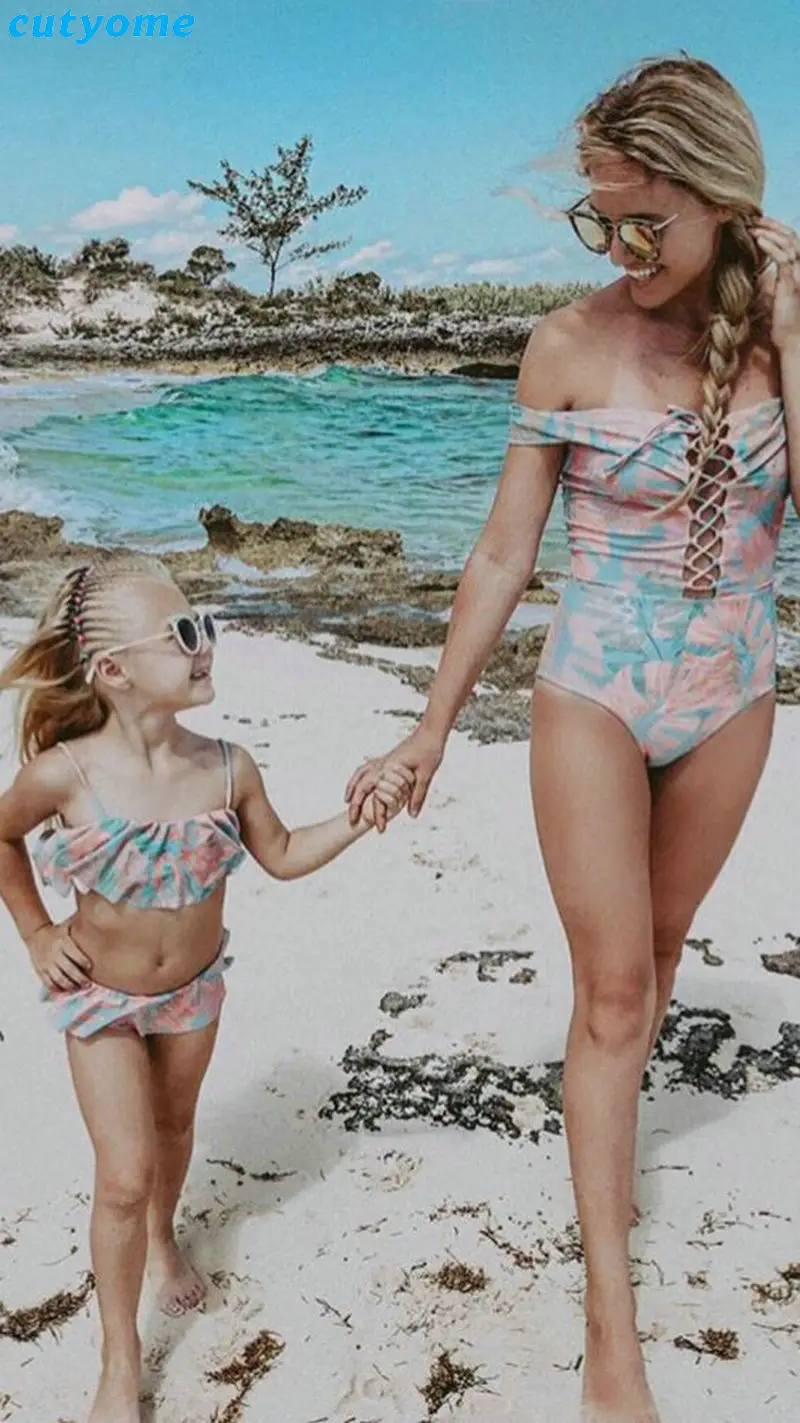 

Family Bikini Baby Girls Kids Leaf Printed Tankini Mother Daughter Bikini Set One Piece Off Shoulder Swimwear Swimsuit Clothing