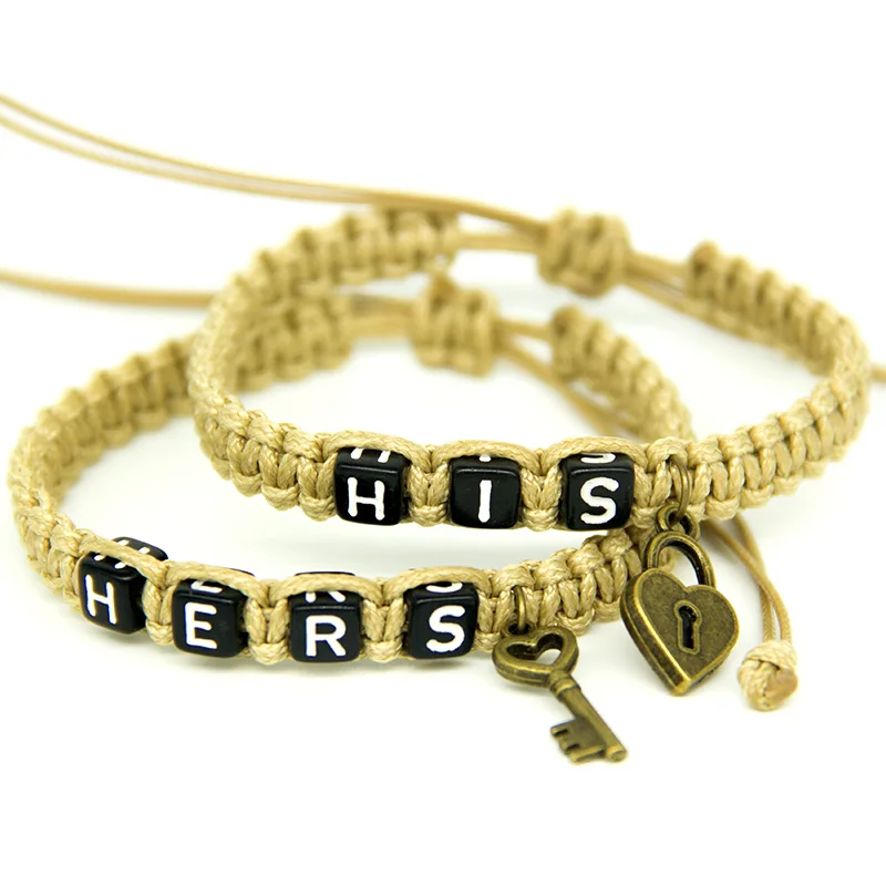 

2pcs/pair Couple Bracelets Khaki His Lock And Hers Key Rope Chains Lovers Personalized Gift Handmade Charm Bracelets Accessories