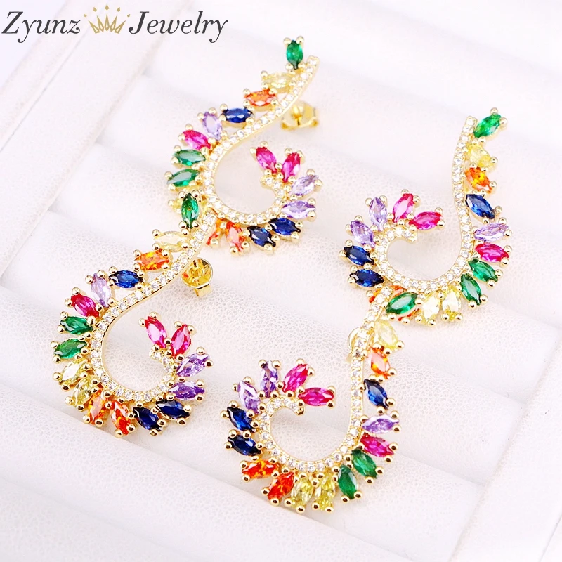 5 пар, радужные серьги с цветными кристаллами шпильки циркон камень микро проложить круг цветок форма, золотистый цвет женские серьги