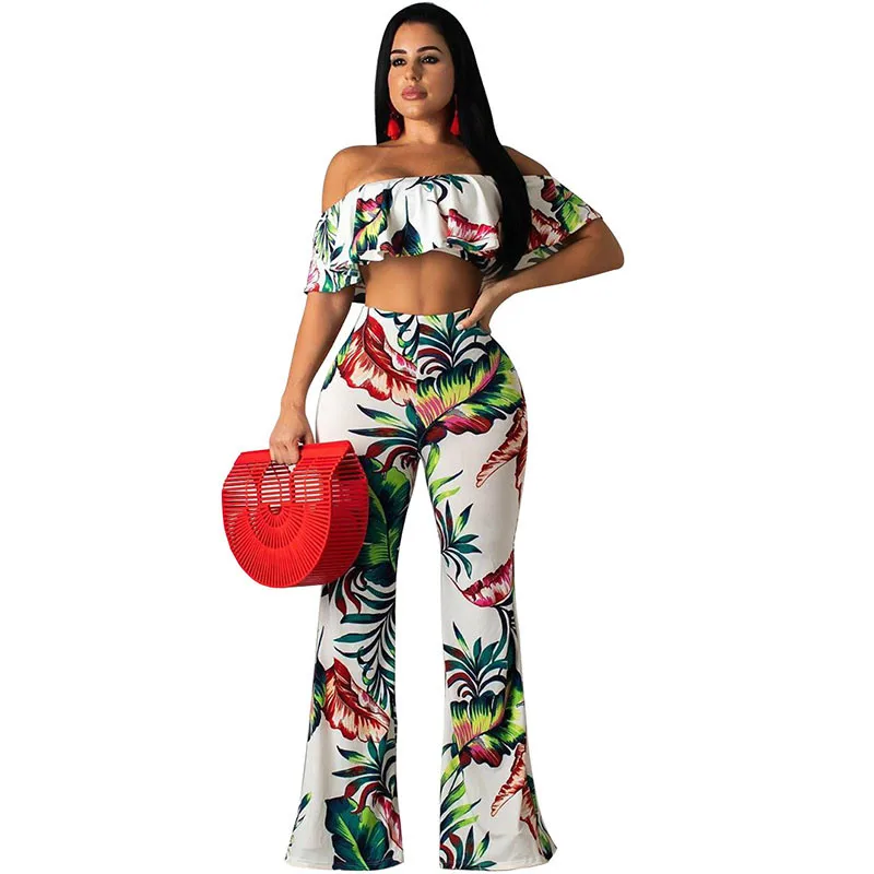 

Floral Print Off Shoulder Two Piece Set Women Ruffles Strapless Crop Top and Wide Leg Pants Suit Summer Boho Beach Club Outfits