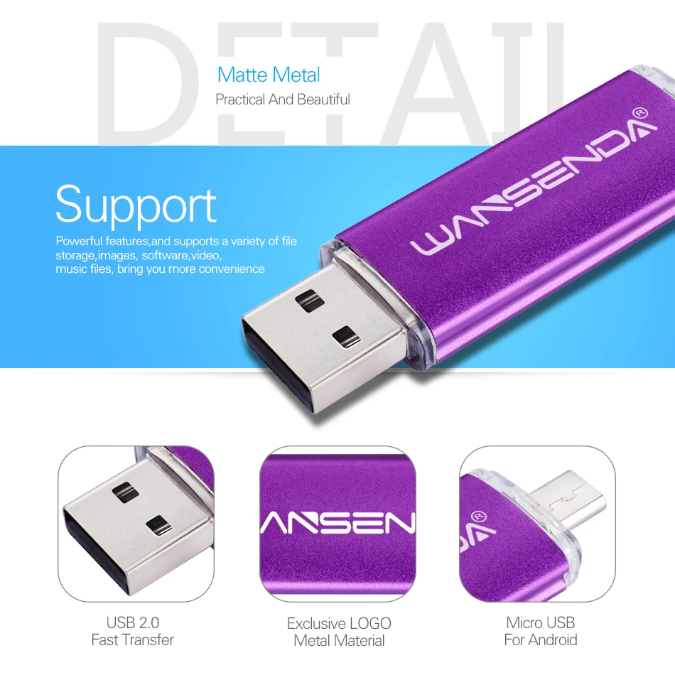 WANSENDA OTG USB флэш накопитель металлический 8 ГБ 16 32 64 Гб 128 256 флешки 2 в 1 Micro usb палка