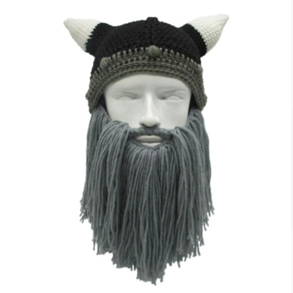 

1PC Men Women Handmade Knit Barbarian Viking Beanie Beard Horn Hat Winter Warm Cap Cool Funny Gag Halloween Party Xmas Gifts