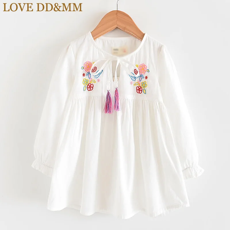 Платья для девочек с надписью «LOVE DD& MM» г., Новая Осенняя детская одежда красивое платье с длинными рукавами и цветочной вышивкой для девочек - Цвет: Белый