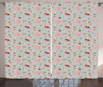 

Tea Party Curtains Cupcakes Cookies and Flowers on Polka Dotted Background Great Britain Tradition Living Room Bedroom Window