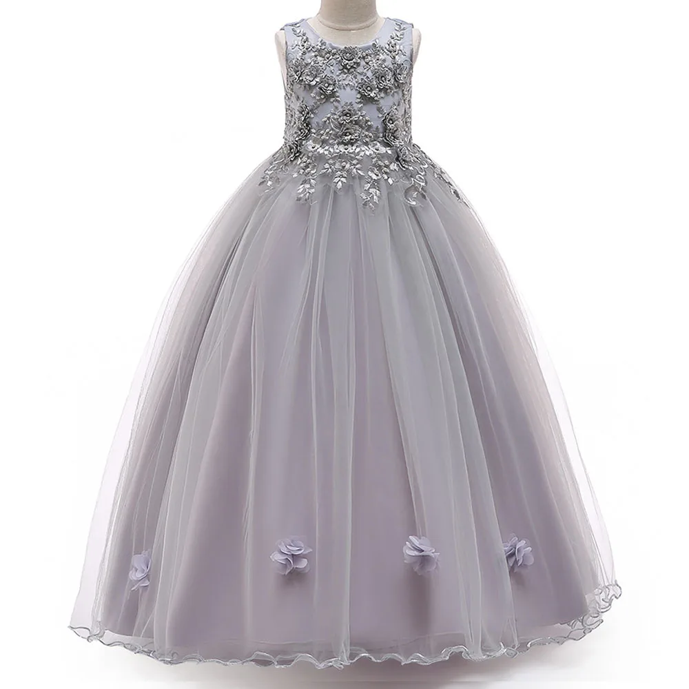 

4-15 years old Ankle-lengthsweet sleeveless round neck beaded applique fluffy mesh wedding dress children birthday party costume