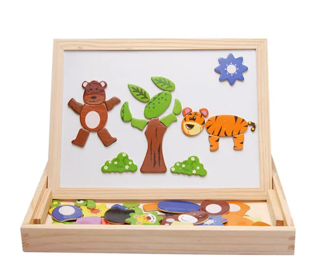 

Animals Puzzle Multifunctional magnetic double-sided drawing board puzzle wooden building Learning Educational Toys