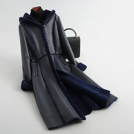 Натуральная овчина пальто женское зимнее толстое теплое меховое пальто натуральный мех стрижка кожа цельная куртка с капюшоном NPI 81201A - Цвет: Тёмно-синий