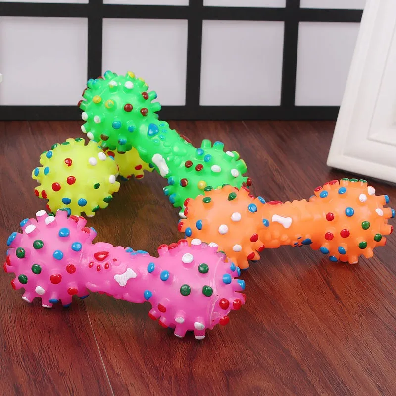 Colorful Soft Rubber Pet Bite Toys For Small Dogs Dotted Dumbbell Shaped Squeeze Squeaky Dog