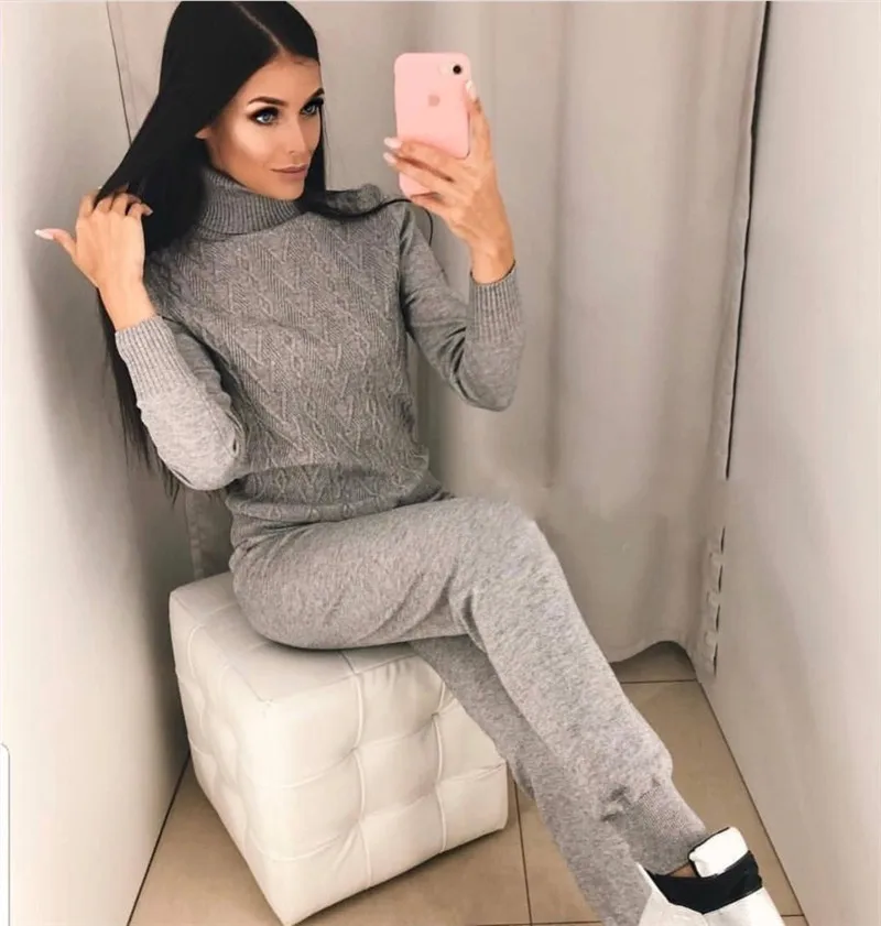 

women's suit 2019 Knitted turtleneck Sweaters and trouser suits for women Solid two piece set Casual Sport Wear Hot Sale outfit