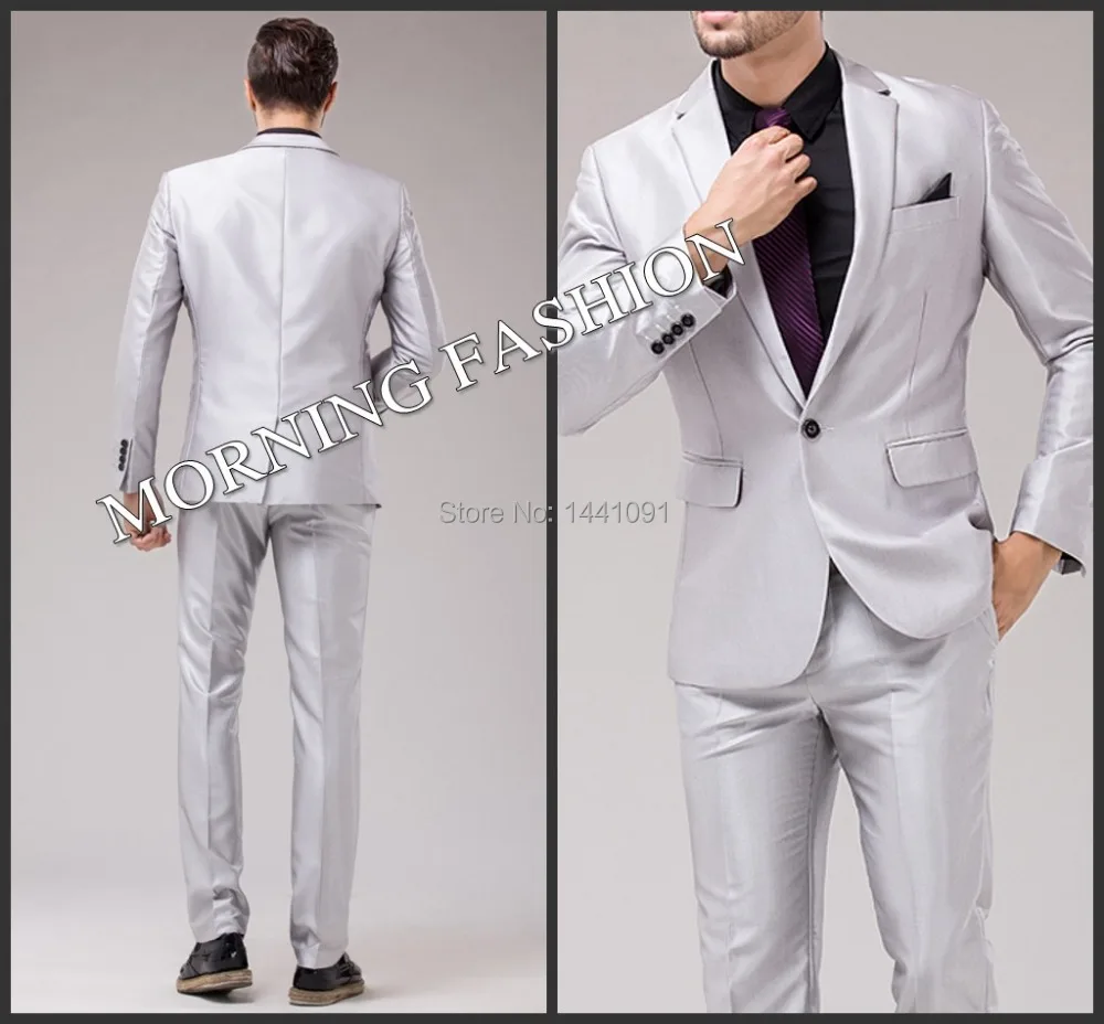 Morning Fashion High quality Bridegroom Light Silver Grey Suit Men's
