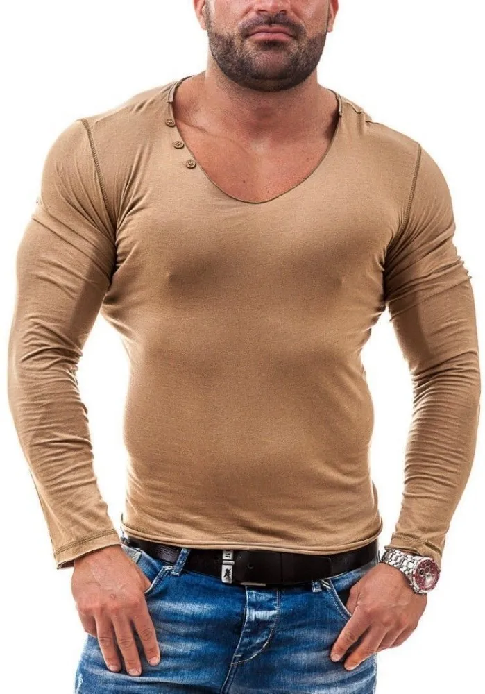 Moomphya, Мужская футболка с глубоким низким вырезом, облегающая одноцветная футболка с длинным рукавом, Мужская Хип-уличная одежда длиной до бедер, футболка, camisetas hombre - Цвет: Хаки