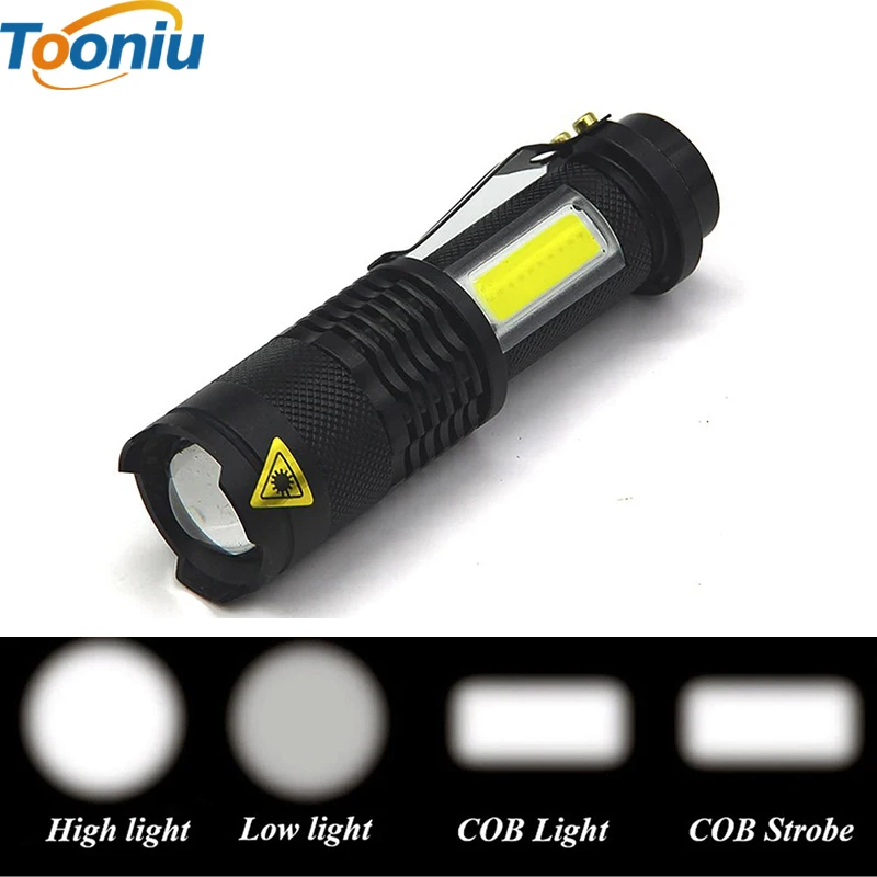Goede CREE Oplaadbare Q5 COB LED Zaklamp Verstelbare Draagbare Torch Focus Zoomable Flash Light Lamp gebruik 14500 Batterij