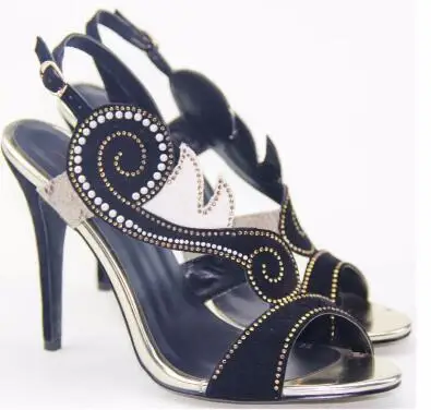 

Black flock open toe high heel sandals for woman Ladies crystal round toe thin heel ankle strap shoes Fashion sandals SIZE34-43