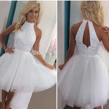 Luxuriöse 2017 Homecoming Kleider A-line Stehkragen Kurzen Mini Whie Tüll Open Back Cocktailkleider