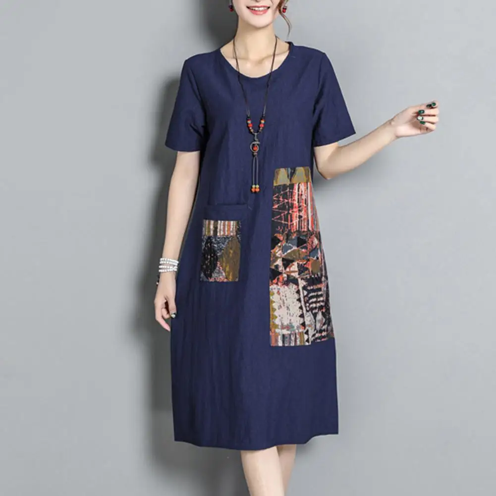 

Plus Size Summer Women Printed Patchwork Soft Cotton Linen Loose Casual Short Sleeve O-Neck Lady Beach Party Dress With Pocket