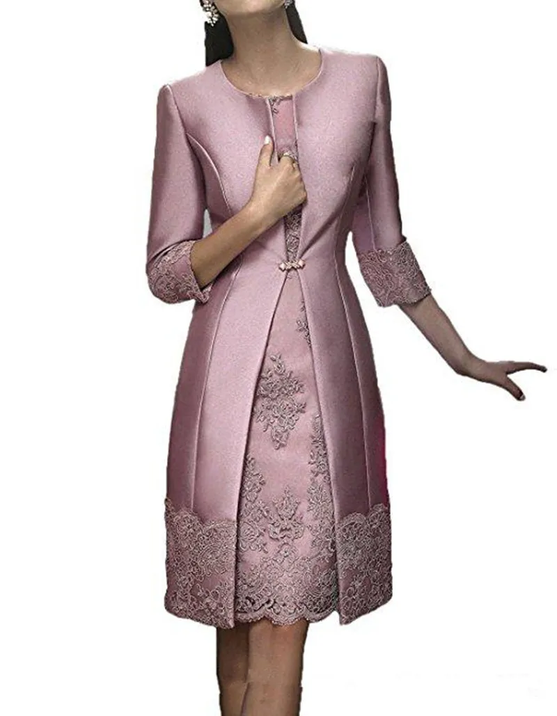 Элегантное короткое платье-футляр для мамы; праздничная одежда с жакетом; вечерние атласные кружевные вечерние платья для гостей на свадьбу; коллекция года; платье для матери невесты - Цвет: Розовый