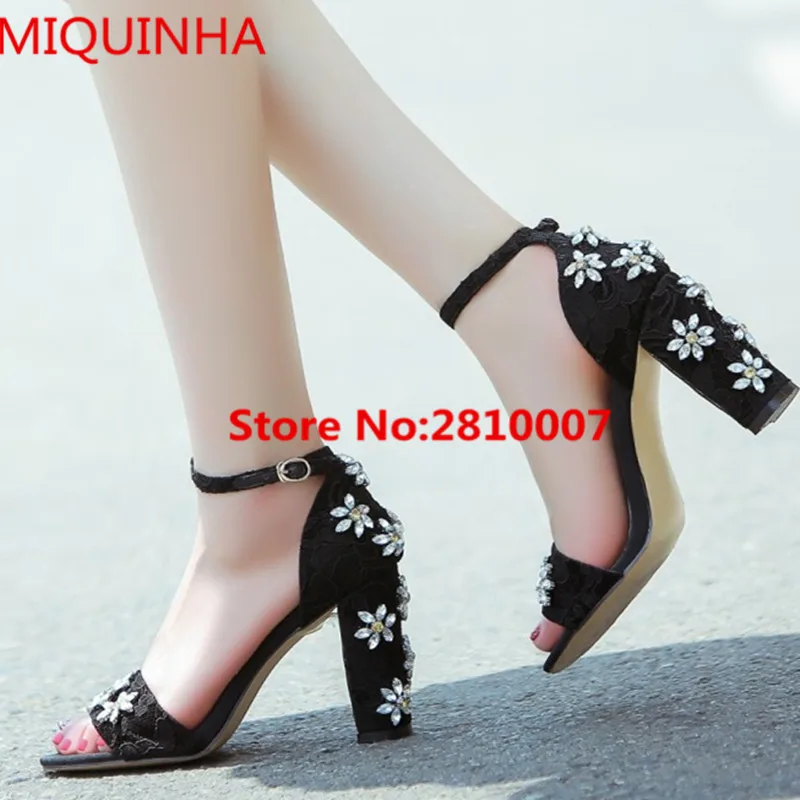 Black Lace Floral Crystal Embellished Sandals Open Toe Ankle Strap Buckle Cover Heel Block High Heel Summer Sandals Shoes Woman