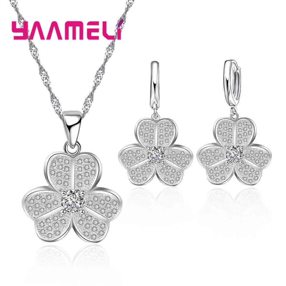 

Women 925 Sterling Silver Bridal Jewelry Set With Stone Fashion Flower Statement Necklace And Earrings Set For Engagement Bijoux