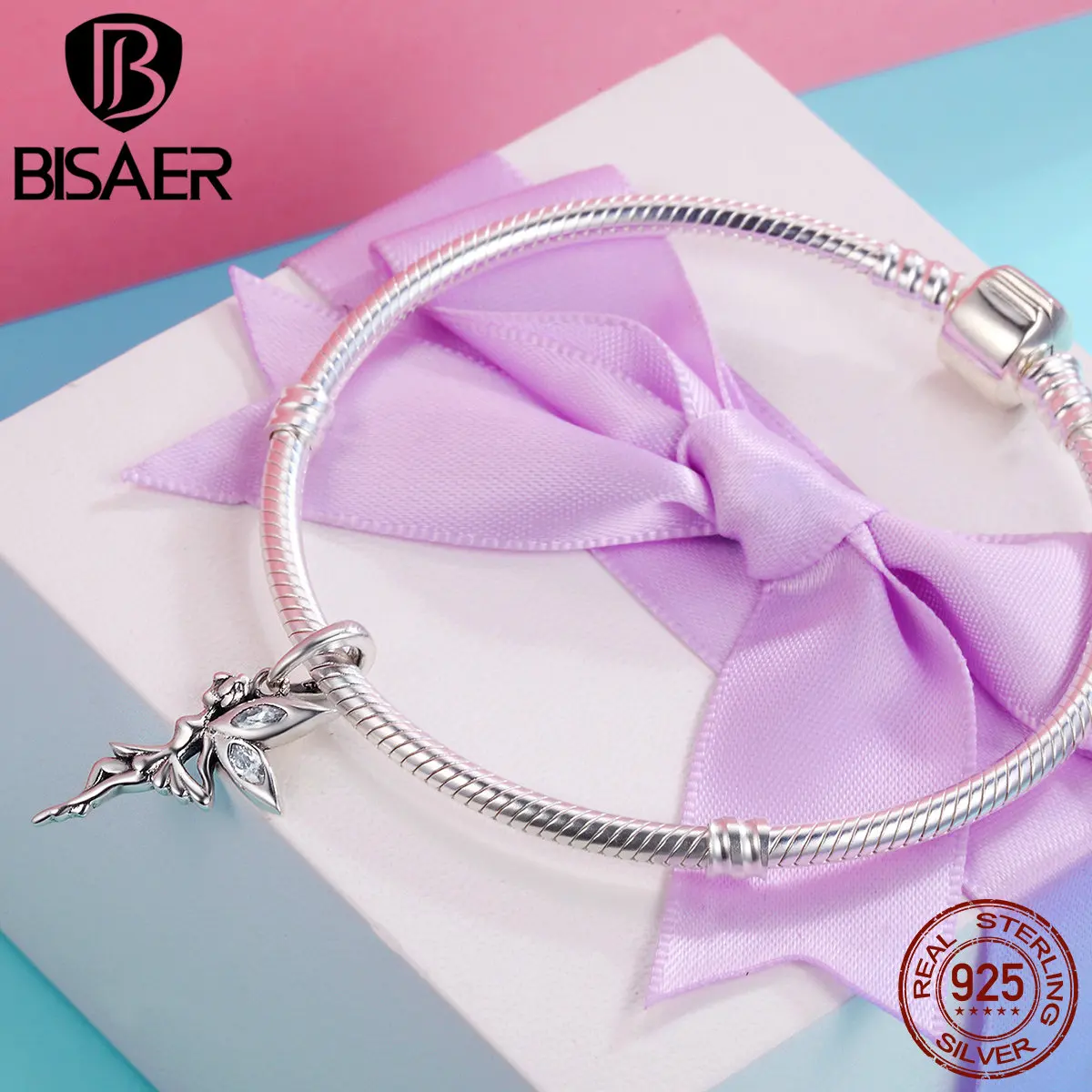 BISAER Аутентичные 100% 925 пробы Серебряная Фея Ангел кулон бусины подходят девушка