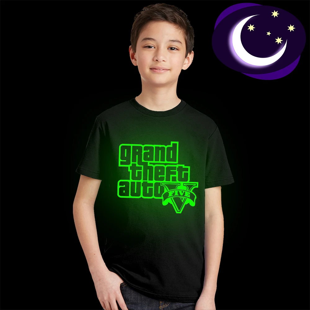 

Luminous Grand Theft Auto GTA 5 T Shirt Kid Fluorescent Letter Logo Print Teens Tee Shirt Glow In Dark Boys Girls T-shirt Casual