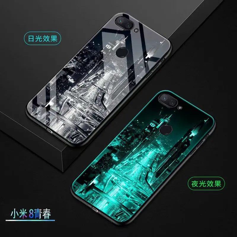 For Xiaomi Mi 8 Lite Case Luxury Luminous Pattern Hard Tempered Glass Protective Back Cover for xiaomi mi8 lite phone shell |