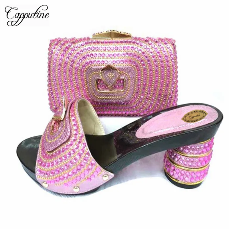 

Capputine New Aarrival Pink Color Shoes And Bag Set 2018 Italian Style Decorated With Rhinestone Pumps Shoes And Bag Set TX-039