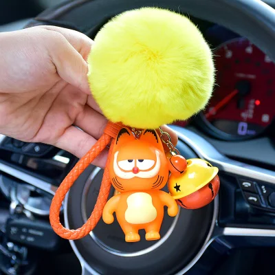 Cartoon Garfield Cat Kitty Animal Keychain Women Camera Fur Pom poms Pompom Key Ring Chains Leather Trinket Car Bag Charm D97