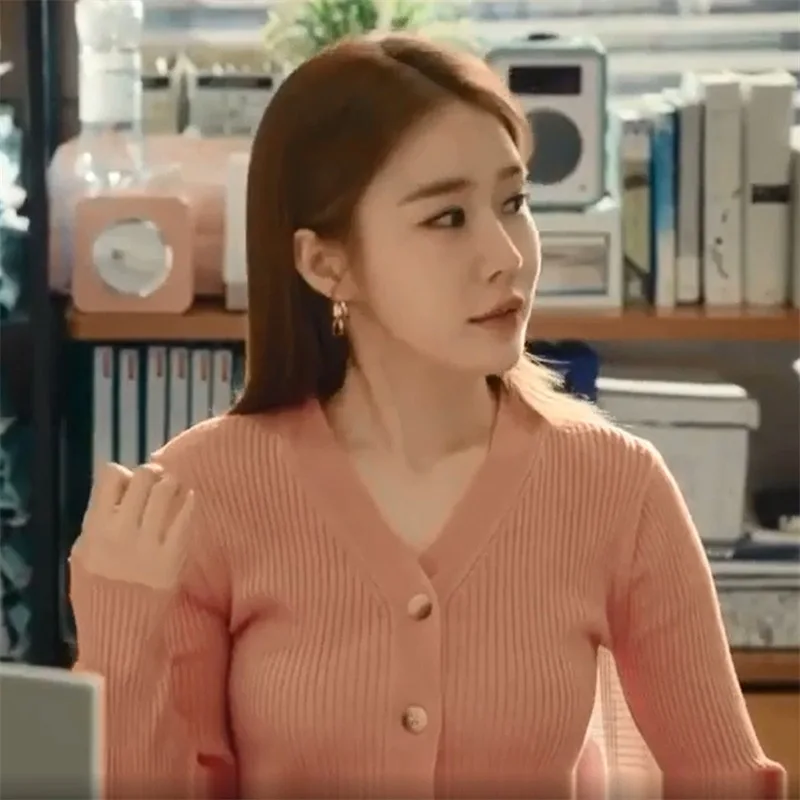 Korean Drama Touch Genuine Liu Renna Same Korean Version Pink 2019 Spring New Pit Ribbed Thin Knitted V-neck Cardigan Sweater