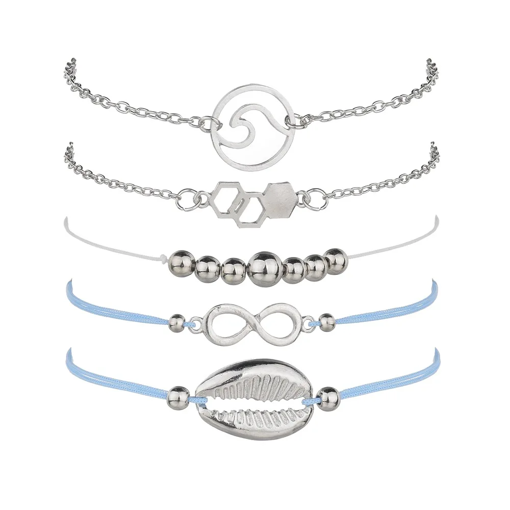 

5 pcs/set 2019 NEW street punk style metal beads number 8 shell ocean wave pendant statement Bracelet Set women