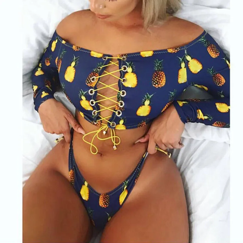 2019 Sexy Thong Swimsuit African Swimwear Print Bandage Plus Size Women Tankini Long Sleeve Bikini Set High Waist Bathing Suit