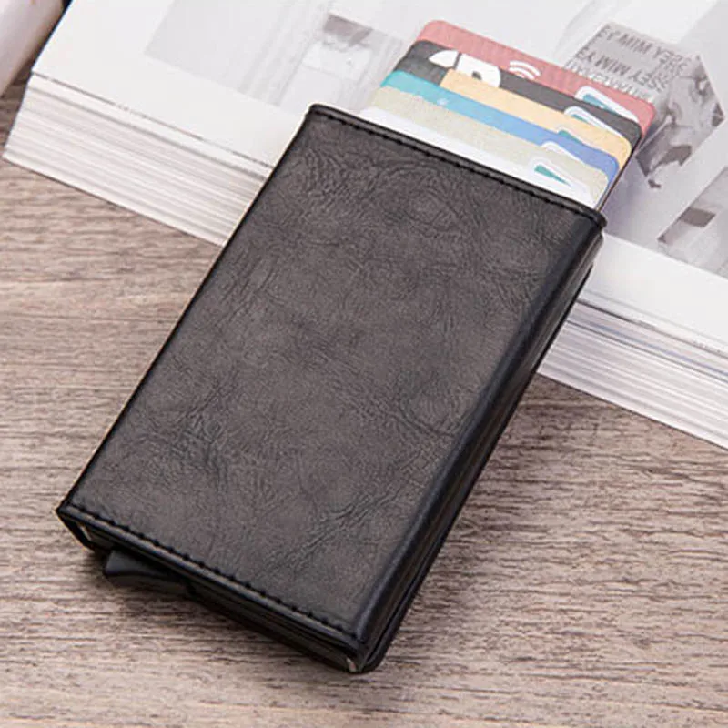Мужской кожаный металлический кошелек Анти Rfid id держатель для карт Чехол Мужской кошелек для монет женский мини карбоновый кредитный держатель для карт на молнии - Цвет: Black