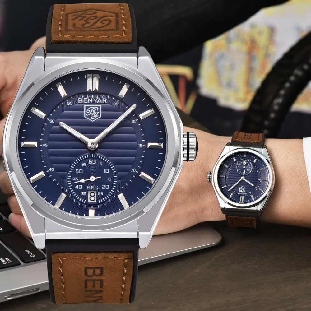 

2019 BENYAR Mens Watch Top Brand Military Quartz Chronograph Leather Waterproof Watches Men Relogio Masculino erkek kol saati