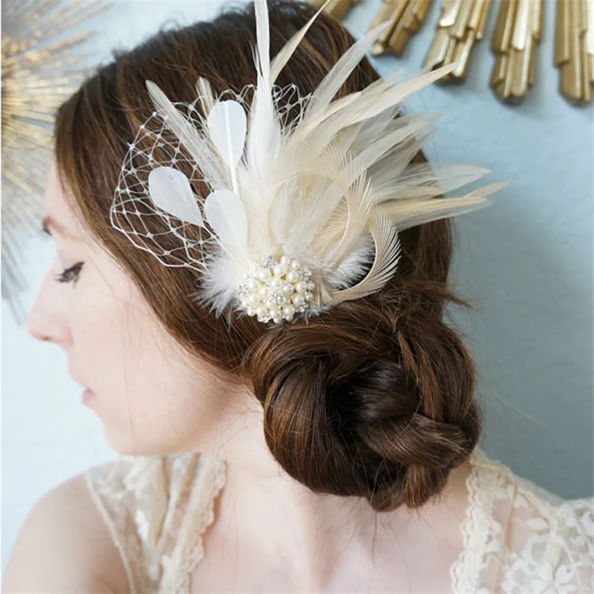 

Coolbeener Women Feather Rhinestone Pearl Hairpin Hair Clip Party Bridal Wedding Jan5
