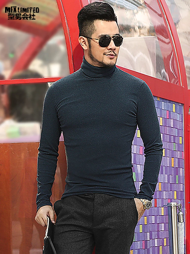 

Spring New Cotton Stretch European Style Slim Warm Casual Bottoming Top Tees Men High Collar Long Sleeve Royal Blue T-shirt T913