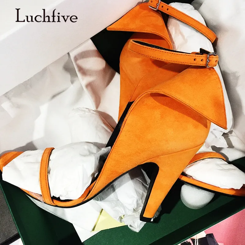 

2018 Orange Suede Gladiator Sandals Woman Open Toe Ankle Strappy High Heel Shoes Woman Fashion Party Shoes